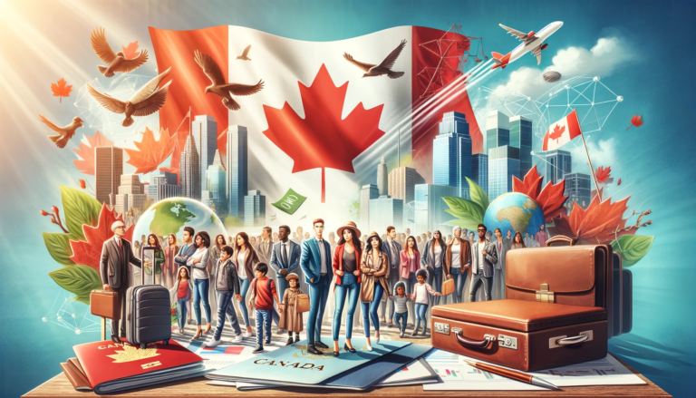 A diverse group of individuals and families, depicted with various ethnicities and genders, are shown embarking on a journey to Canada for the Startup Visa, surrounded by Canadian symbols like the maple leaf and flag, with passports, a globe, and business items.
