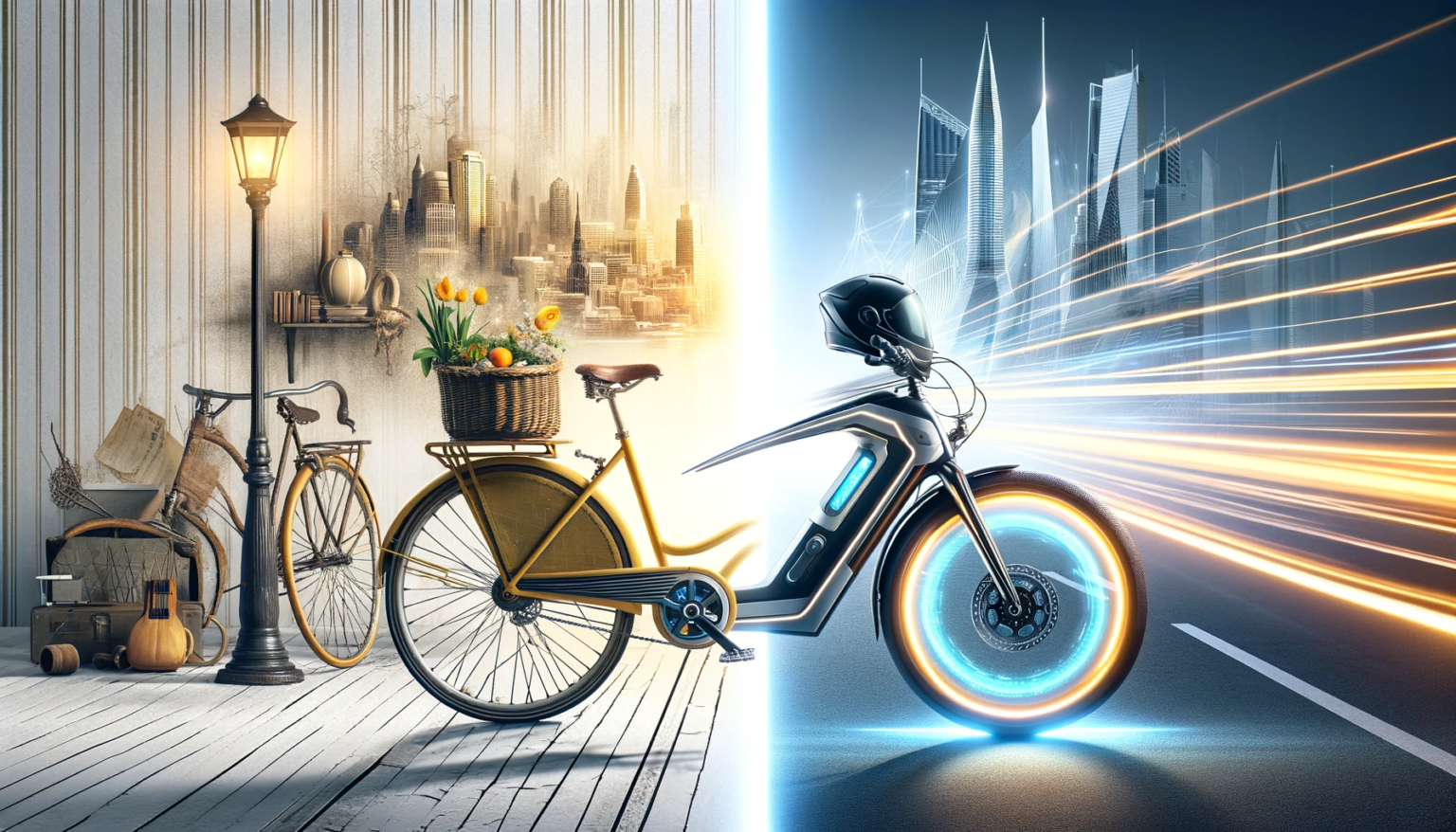 A creative representation of a bicycle split down the middle, transitioning from a vintage yellow bike on the left to a sleek, modern electric bike on the right, against a white background with a futuristic cityscape