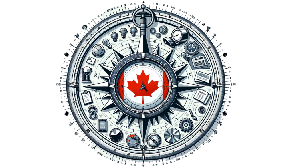 قطب‌نمای پیچیده‌ای با نمادها و ابزارهای متنوعی در اطراف آن که نمادی از جهت‌یابی و کشف است، در مرکز آن برگ افرای ارغوانی کانادا به رنگ قرمز روشن قرار دارد که بر تمرکز بر کانادا دلالت دارد